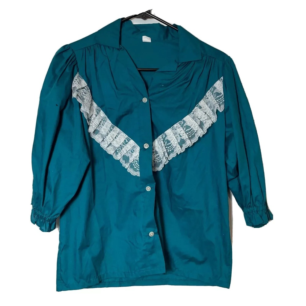 Cora's Creations Lace Trim Button Up Blouse Womens M Blue Puff 3/4 Sleeve 80s‎